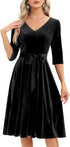 Mikasi Vintage Rockabilly Midi Kleid mit 3/4 Ärmeln und V-Ausschnitt für Hochzeiten und Cocktailpartys